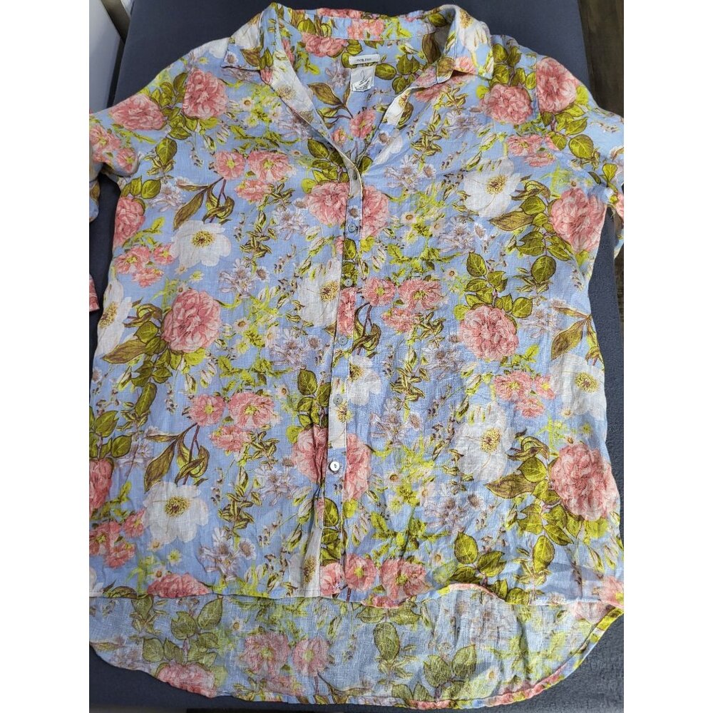 JOIE Women's SZ XL Linen Floral Roll Tab Sleeve Blouse Top Bloomcore Feminine - Picture 5 of 10